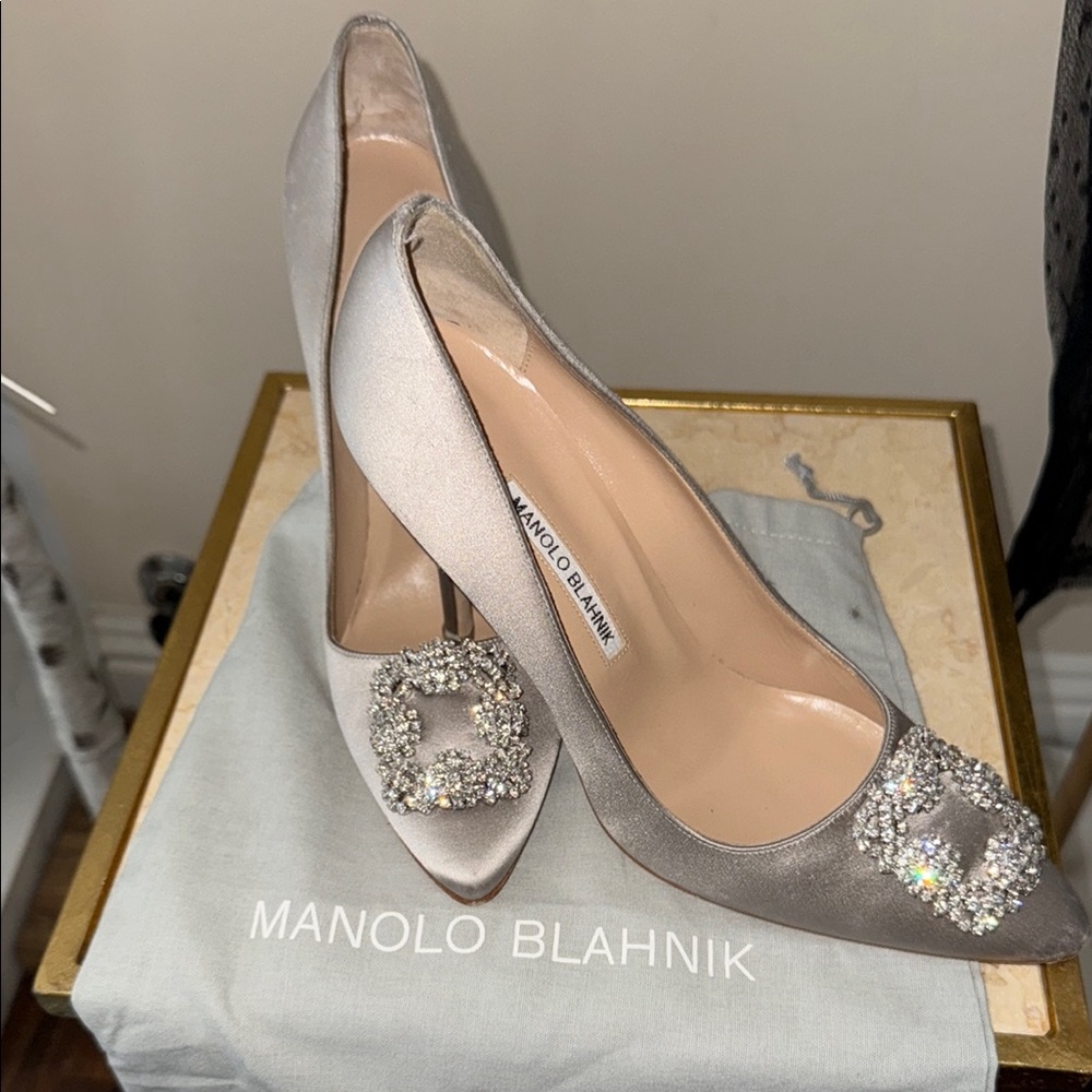 Manolo Blahnik HANGISI Silver Embellished 4 inch Women's Shoes